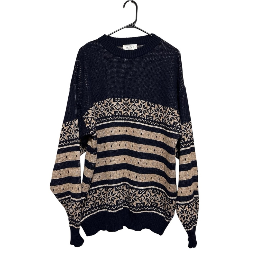 Men's Navy and Beige Patterned Sweater Oversized - Picture 2 of 6